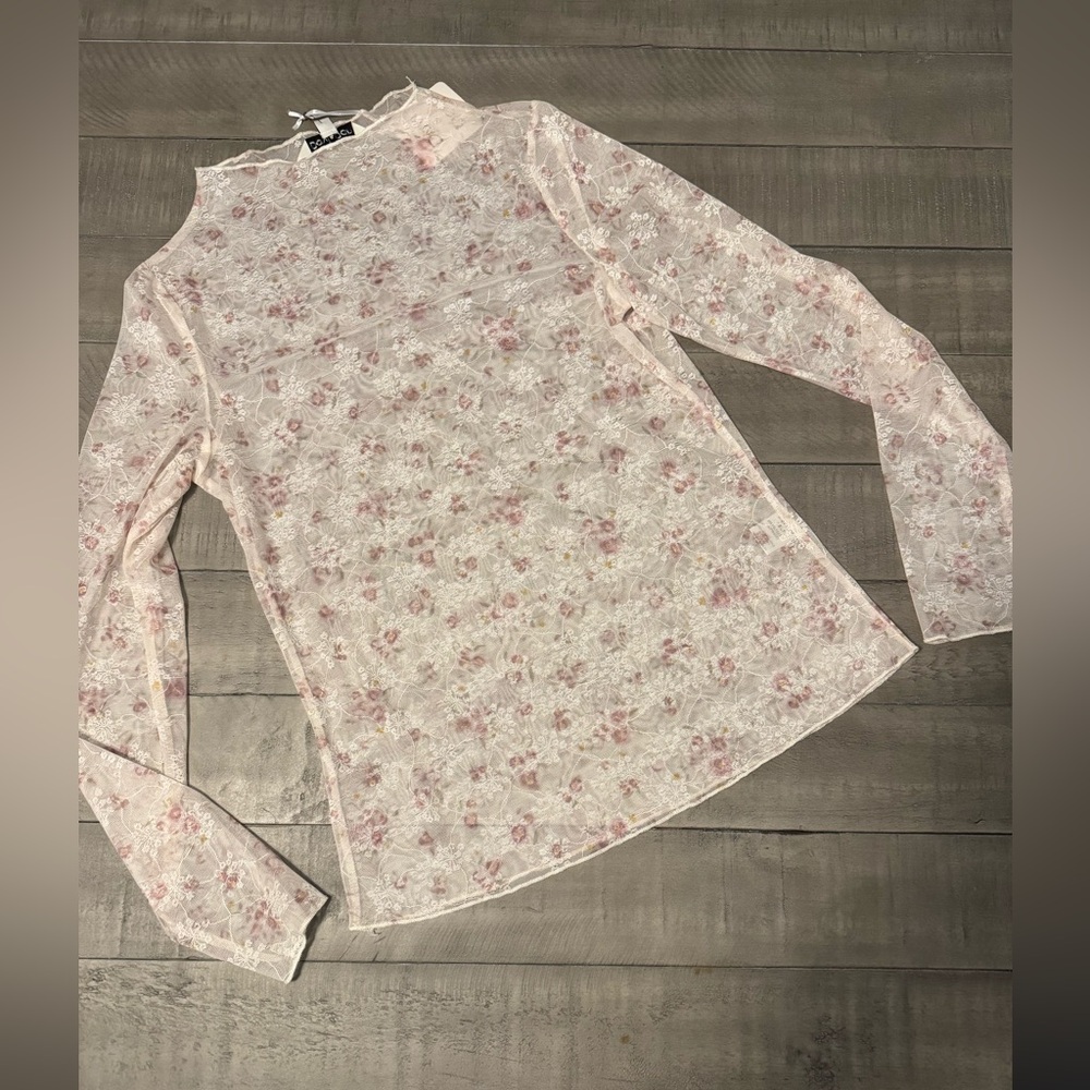 NWT-Floral Mesh Turtle Neck Long Sleeve Top, Size: Medium